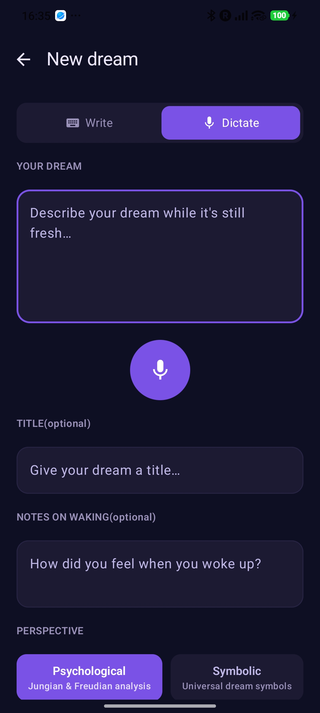 New dream screen — type or dictate your dream