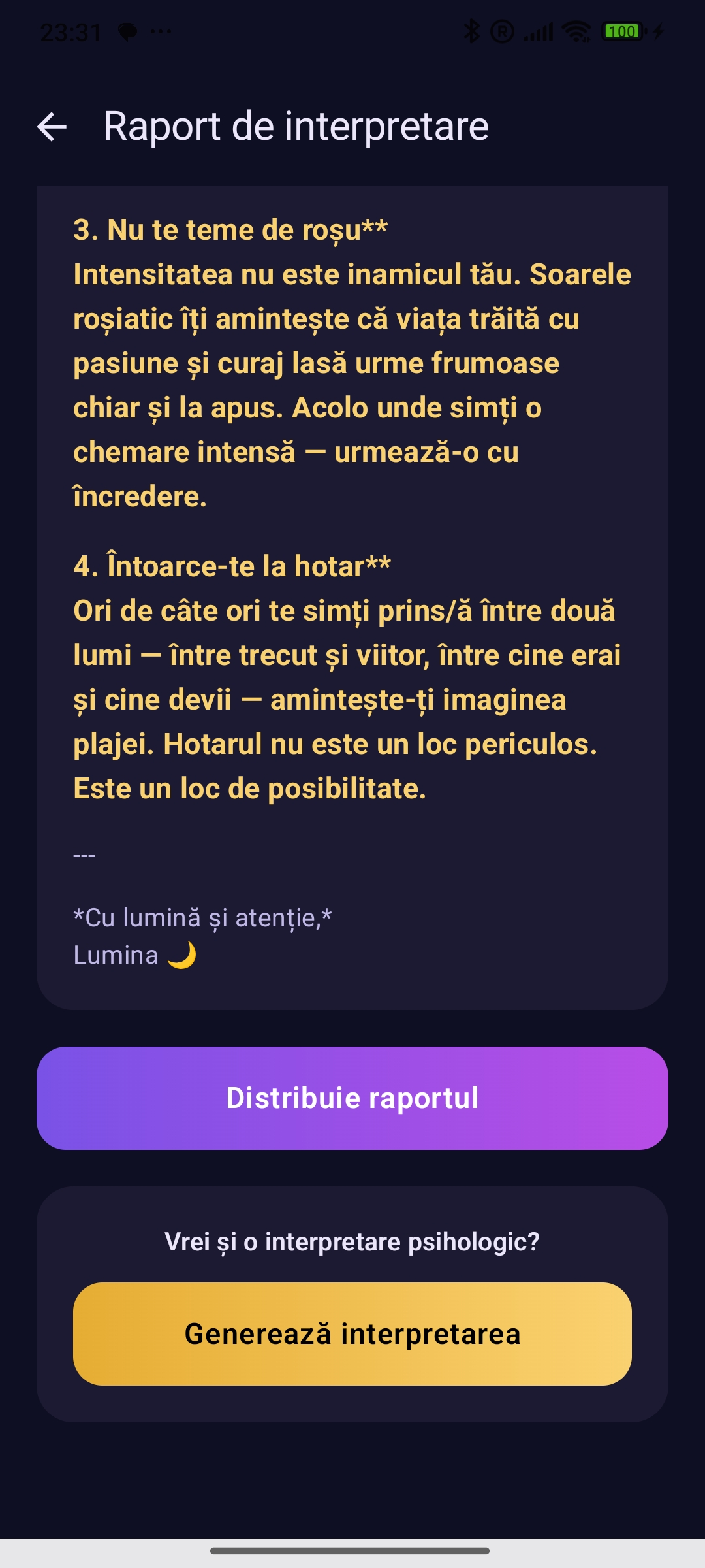 Finalul raportului, cu opțiunea de partajare